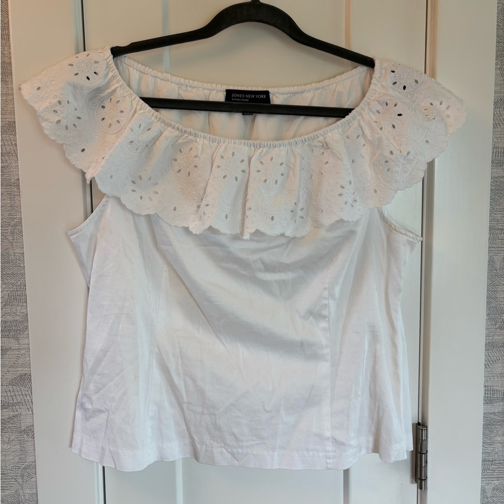 90s Jones New Tork White Off Shoulder Eyelet Blouse Preppy Corset Size XL - Picture 3 of 8